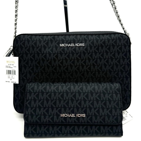 Michael Kors Large Jet Set Item EW Crossbody Bag & Large Trifold Wallet Black